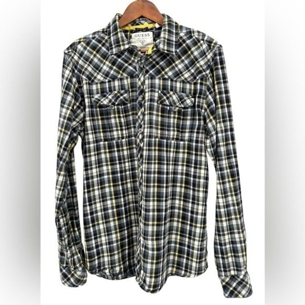 Guess Flannel Shirt Distressed Button-up Black Plaid‎ Women's Medium Slim Fit